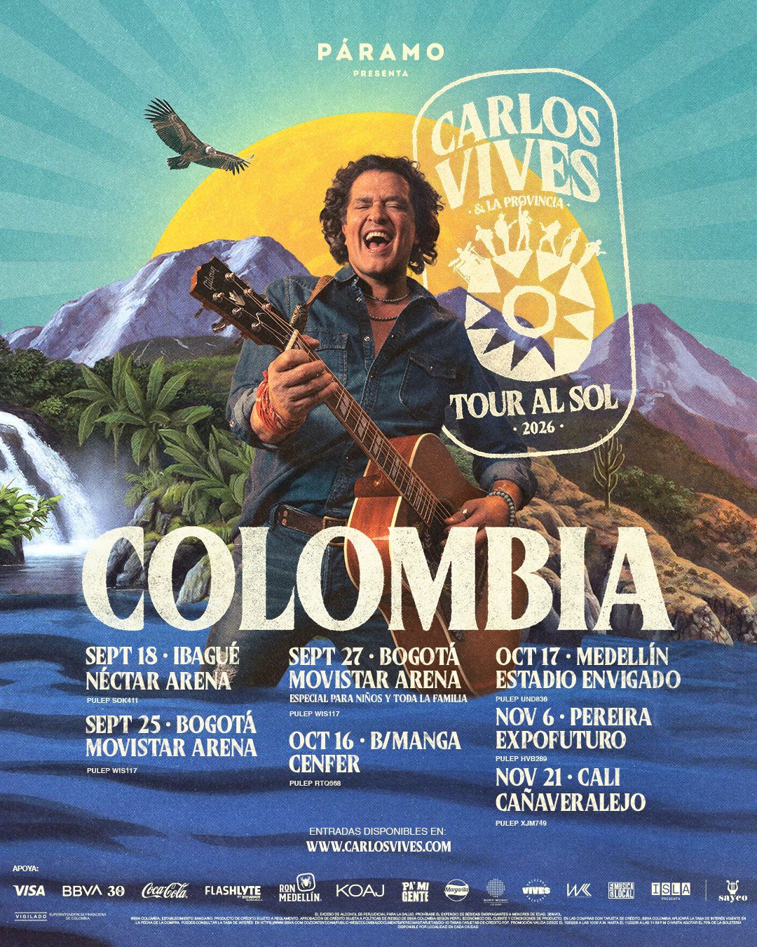Carlos Vives vuelve a encender el corazón de sus fans con la llegada de su esperada gira “TOUR AL SOL” a Colombia. El ícono de la música, quien no giraba por el país desde el año 2018, regresa con su “TOUR AL SOL”, una experiencia musical y emocional que invita a reconectar con lo esencial, celebrar la identidad y honrar aquello que realmente importa. Además, el artista también anuncia nuevas fechas en Ecuador, país que podrá disfrutar de su música y de sus grandes éxitos. La gira dará inicio en el mes de abril en Canadá y Estados Unidos. Más que una serie de conciertos, “TOUR AL SOL” es un viaje simbólico que sigue el recorrido del sol: desde el primer rayo del amanecer, cuando la esperanza despierta; pasando por el ardiente mediodía, donde la energía y la alegría estallan en cada canción; hasta llegar al atardecer, ese instante dorado donde todo se transforma en emoción, magia y celebración colectiva. Este anuncio llega acompañado del lanzamiento de “Te Dedico”, el primer sencillo de su próximo álbum “El Último Disco”, una canción íntima y luminosa que marca una nueva etapa artística en la carrera de Vives. Un tema que nace desde la gratitud, el amor profundo y la dedicación sincera, y que funciona como carta de presentación de un álbum que promete convertirse en un punto de encuentro entre la memoria, el presente y el futuro. El “TOUR AL SOL” se construye como una declaración de principios. En cada escenario, Carlos Vives invita a volver a la humildad en tiempos de superficialidad, a reafirmar la identidad por encima del ego y a privilegiar la conexión real sobre el simple entretenimiento. Es una propuesta que mira más allá de la moda pasajera para abrazar el legado; que celebra el amor entrañable frente a las relaciones desechables; que defiende el respeto como lenguaje universal y elige la autenticidad como camino, incluso en medio del ruido de la fama. Así, la música se convierte en un acto de memoria y verdad, un espacio donde las raíces dialogan con el presente y donde cada canción funciona como una luz que recuerda quiénes somos, de dónde venimos y por qué vale la pena seguir cantando juntos. FECHAS “TOUR AL SOL” COLOMBIA Produce Páramo Presenta BOGOTÁ Movistar Arena Adultos: 25 de septiembre de 2026 Niños: 27 de septiembre de 2026 Venta de boletos: Tuboleta IBAGUÉ Arena Néctar 18 de septiembre de 2026 Venta de boletos: Ticketmaster BUCARAMANGA Cenfer 16 de octubre de 2026 Venta de boletos: Ticketmaster MEDELLÍN Estadio Polideportivo de Envigado 17 de octubre de 2026 Venta de boletos: Ticketmaster PEREIRA Expofuturo 6 de noviembre de 2026 Venta de boletos: Ticketmaster CALI Arena Cañaveralejo 21 de noviembre de 2026 Venta de boletos: Ticketmaster Preventa VISA para clientes del Banco BBVA pagando con tarjetas VISA desde el 11 de febrero a las 10:00 am hasta el 13 de febrero a las 9:59 am Venta de boletería general desde el 13 de febrero a las 10:00 am